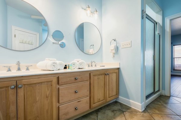 Primary bathroom with walk in shower and tub